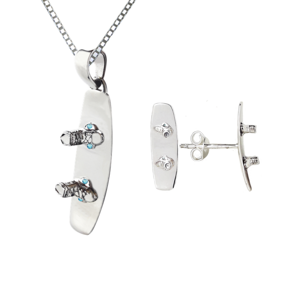 Sterling Silver Wakeboard Pendant & Earrings w/ Sterling Silver Chain